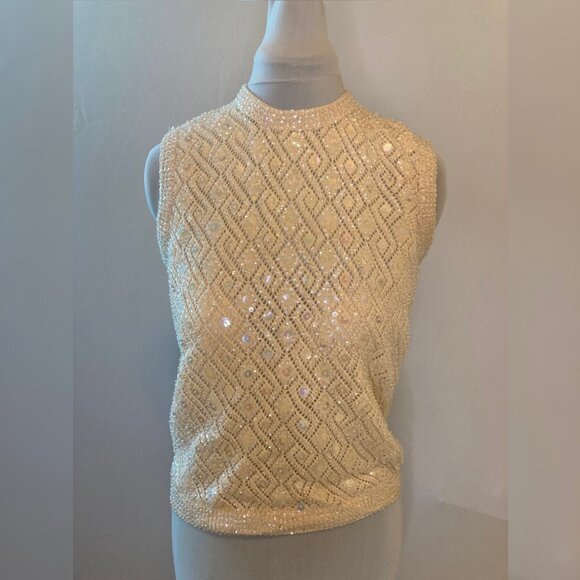 Vintage 1960s Joseph Magnin cream wool shell with iridescent beads, fully lined - Picture 5 of 6